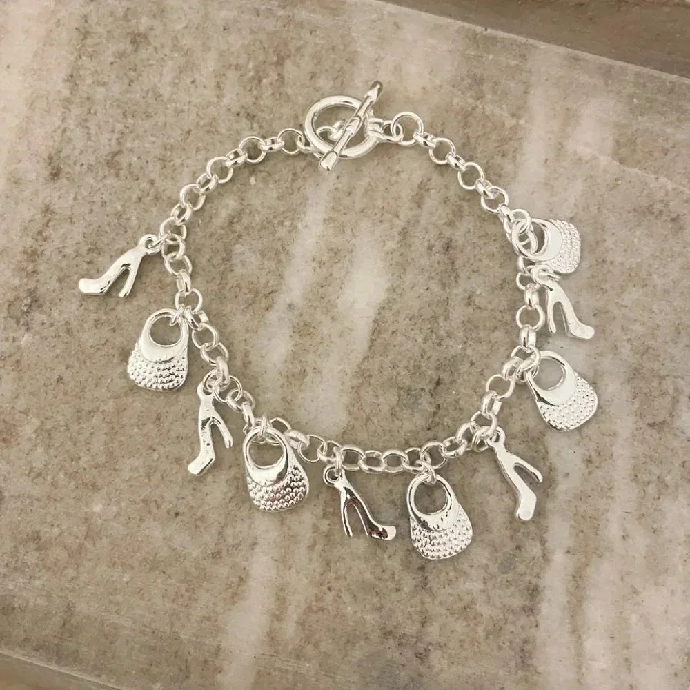 925 Sterling Silver Shoe Handbag Charm Bracelet Toggle Bracelet